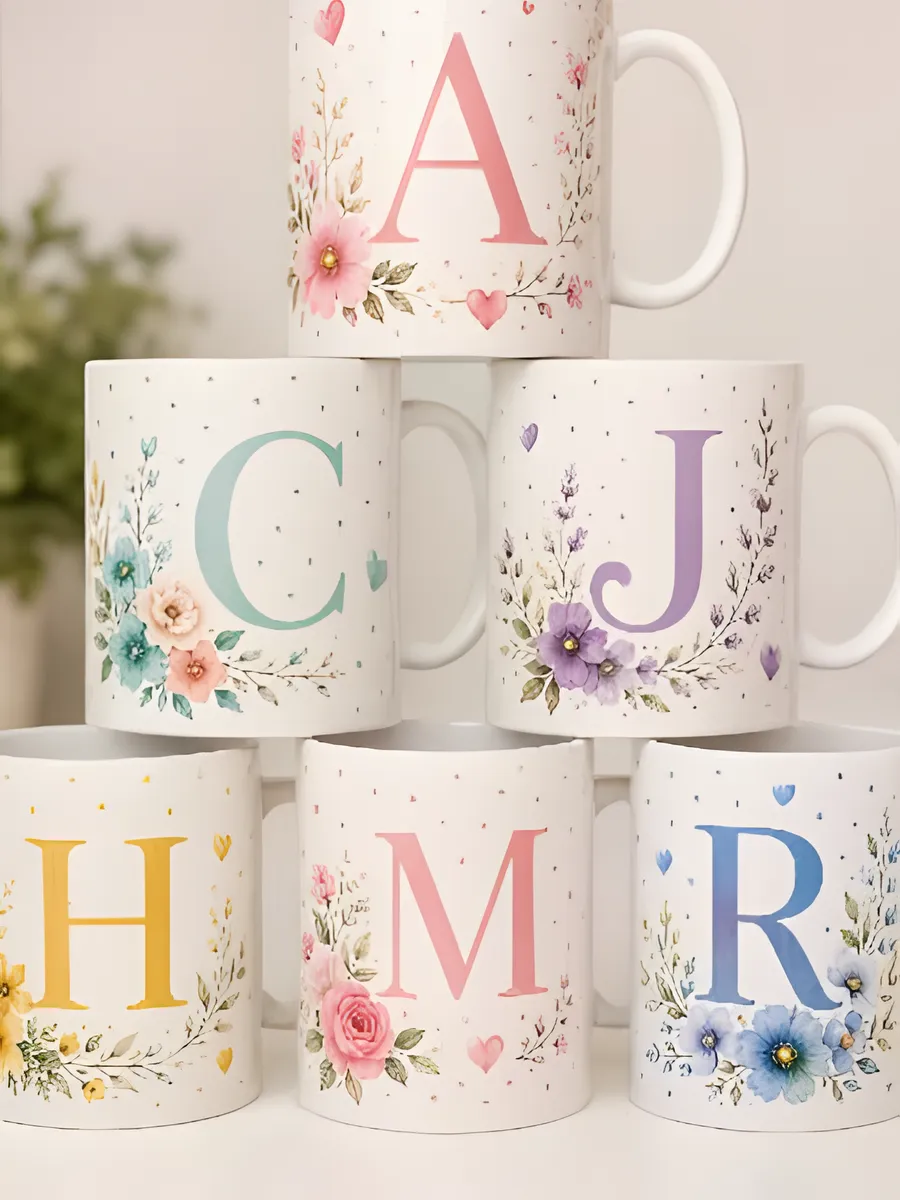 Canecas brancas com letras iniciais e flores em aquarela